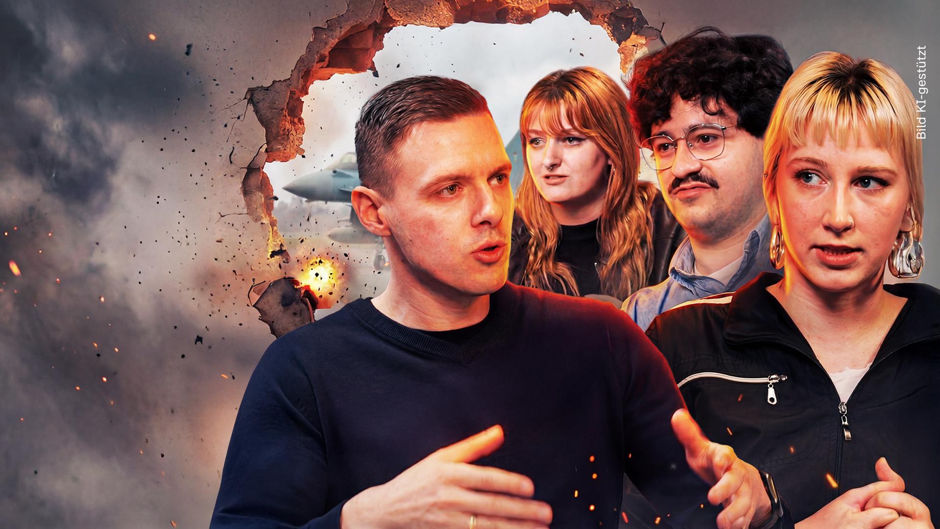 Vier Menschen, die vor einer Wand stehen, in die sich gerade ein Loch brennt.