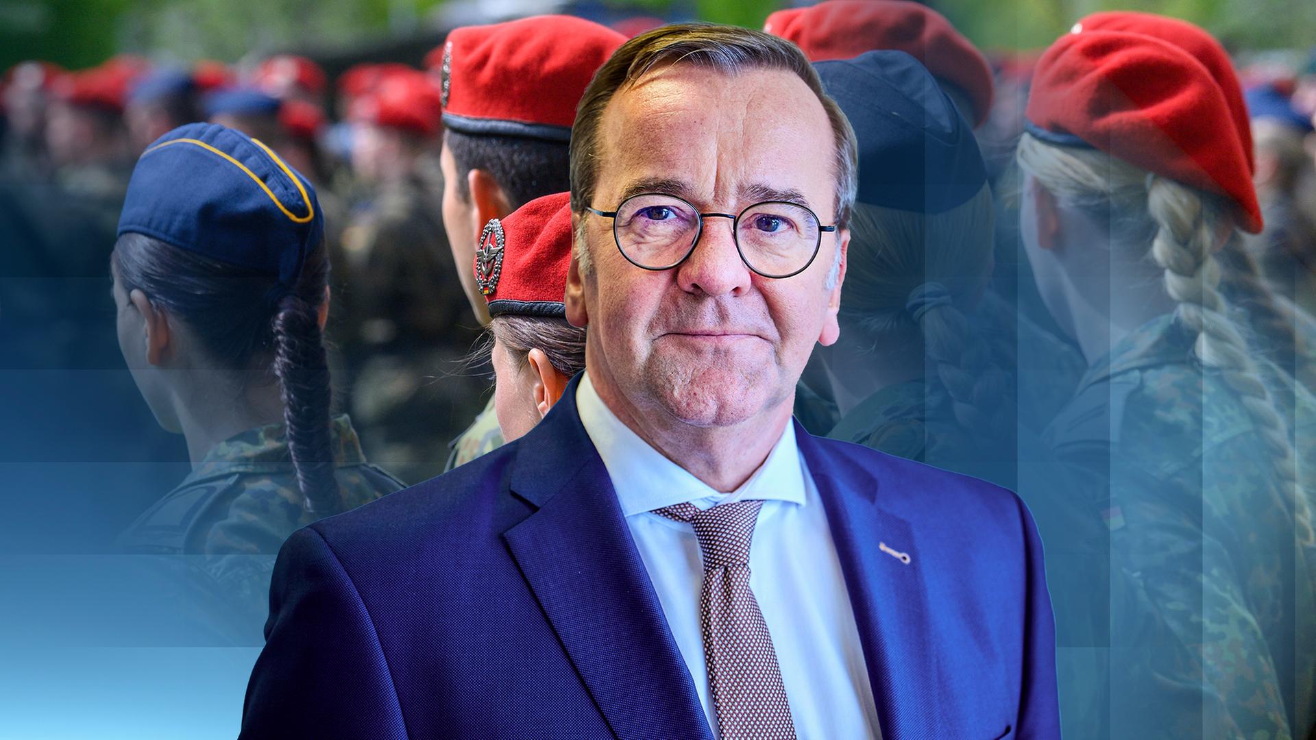 Verteidigungsminister Boris Pistorius vor einem Symbolbild der Bundeswehr