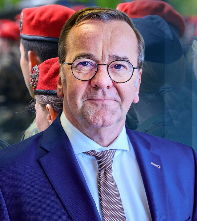 Verteidigungsminister Boris Pistorius vor einem Symbolbild der Bundeswehr