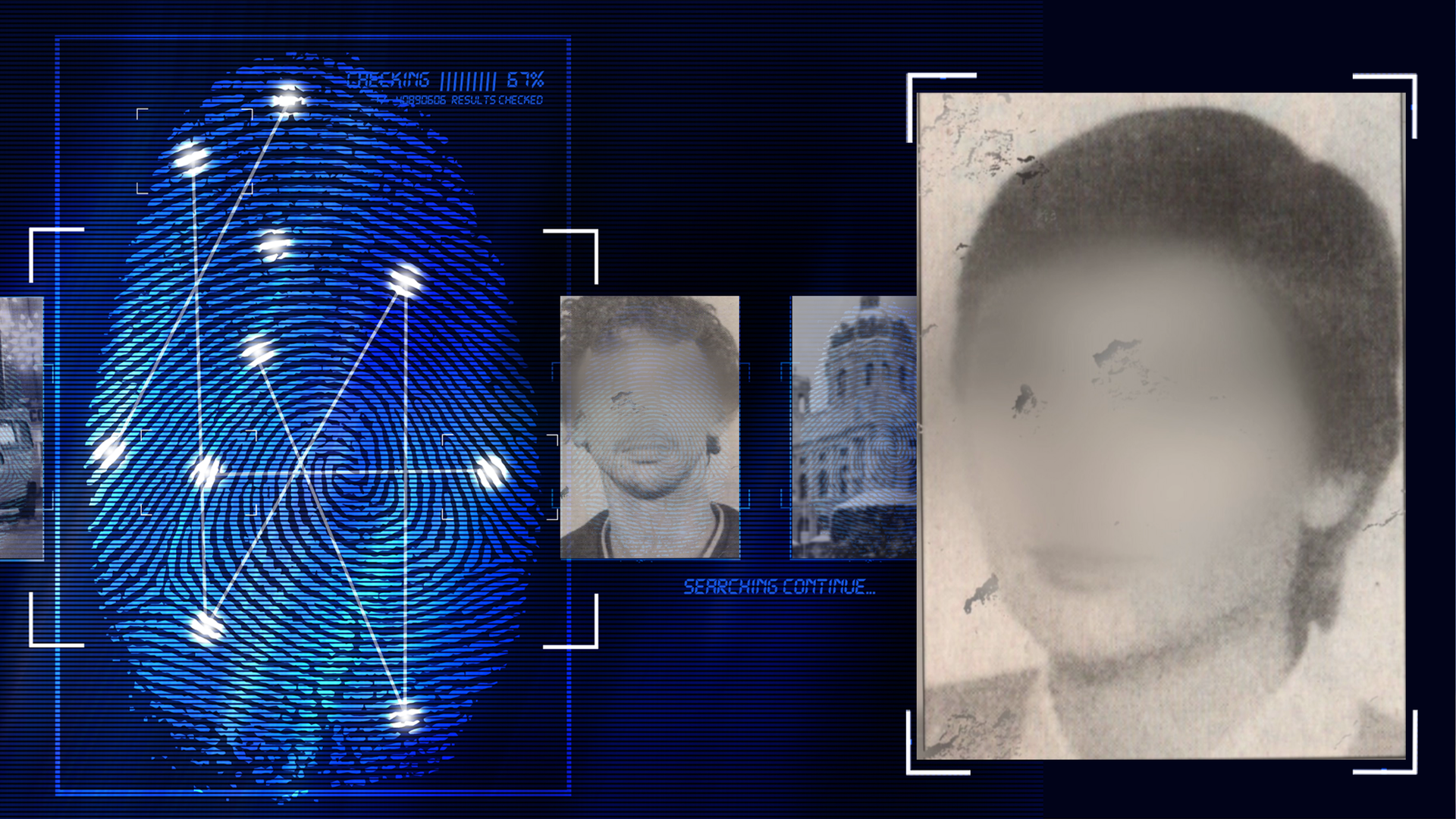 Schwarzweißfoto (Zeitungsausschnitt) einer ca. 30 Jahre alten Frau mit kurzen schwarzen Haaren. Sie lächelt rechts an der Kamera vorbei, ihr Gesicht wurde technisch verfremdet. Sie trägt soweit im Anschnitt erkennbar, helle Oberbekleidung. Links daneben: Lichtschematische Darstellung eines Fingerabdrucks.