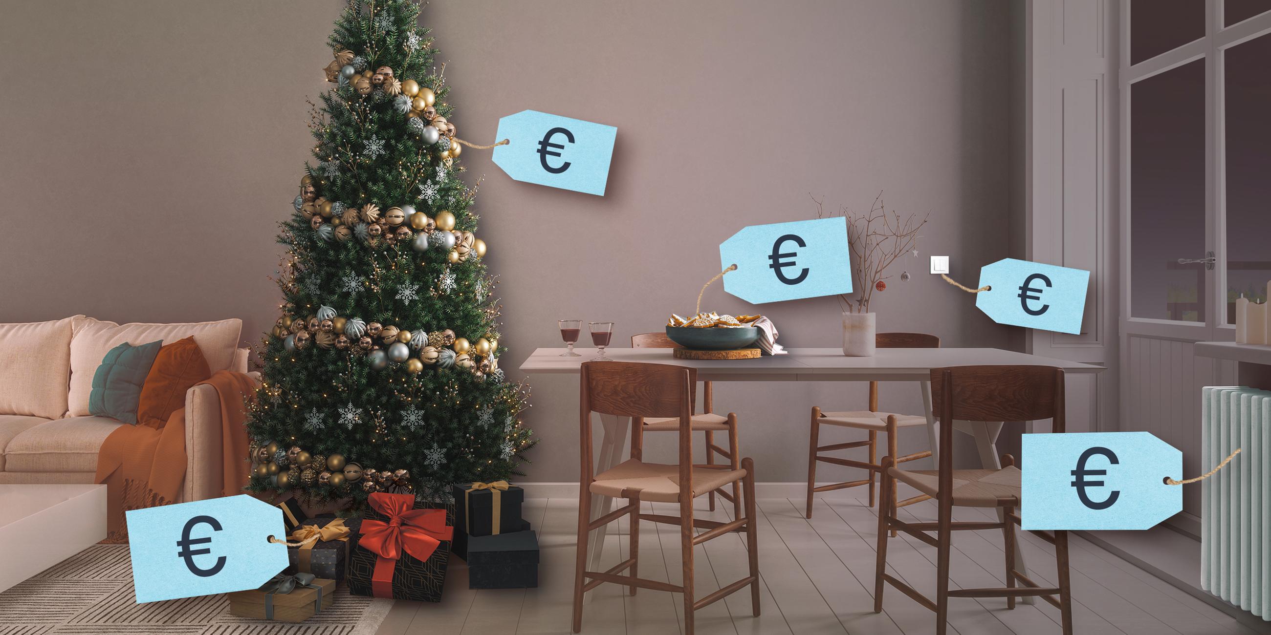Weihnachtlich geschmückter Raum. An Weihnachtsbaum, Keksteller, Geschenken, Stromschalter und Heizung hängt jeweils ein Preisschild mit einem Eurozeichen.