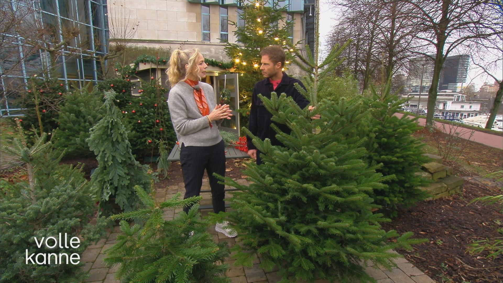 Florian und Weiss und Anja Koenzen stehen an einem Weihnachtsbaum