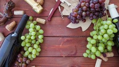 Verschiedene Weine und Trauben auf rustikalem Untergrund