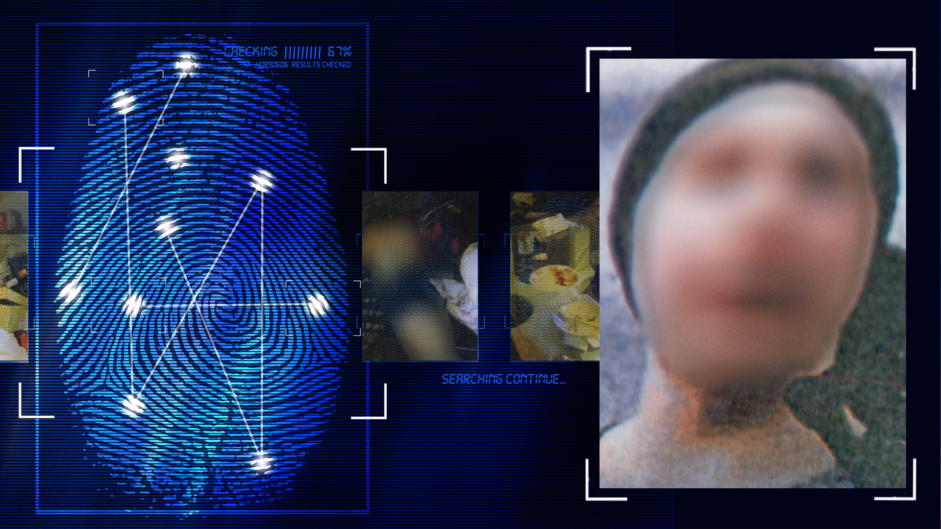 Portraitfoto eines 19-jährigen Mannes, bildfüllend. Er trägt eine schwarze Mütze. Das Gesicht wurde im Bild technisch verfremdet. Links daneben: Lichtschematische Darstellung eines Fingerabdrucks.