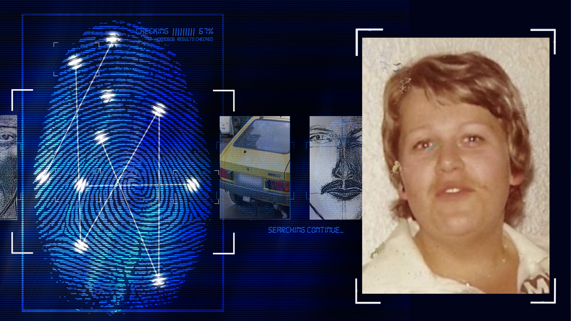 Bild aus dem Jahr 1980 zeigt die damals 29-jährige Elfriede Schönberger. Die Frau hat dunkelblondes kurzes Haar und schaut frontal in die Kamera. Sie trägt ein weißes Oberteil. Im Hintergrund eine helle Tapete an der Wand. Links daneben: Lichtschematische Darstellung eines Fingerabdrucks.