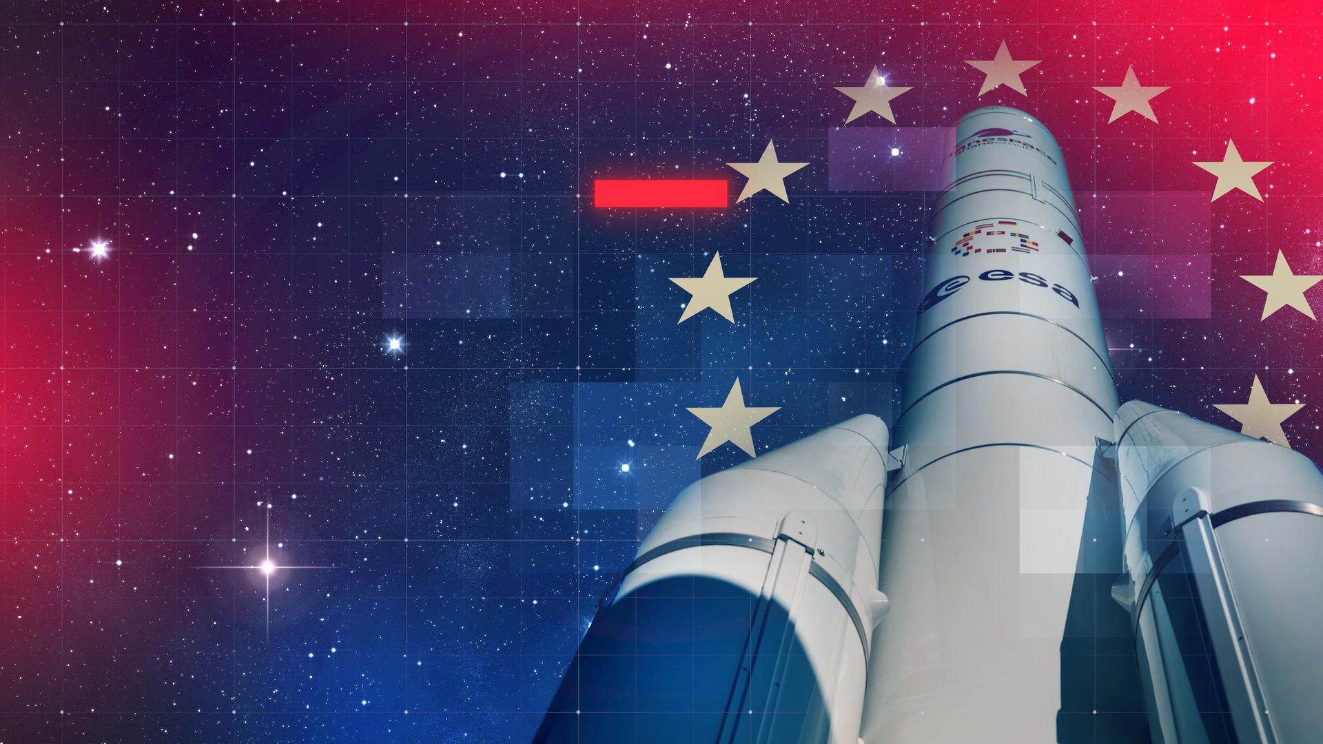 Digital bearbeitete Illustration eines Modells der ESA-Rakete Ariane 6, die in den Weltraum zeigt, umgeben von den Sternen der EU-Flagge im Orbit bei Nacht, mit Sternenhimmel und grafischem Raster-Overlay im Hintergrund