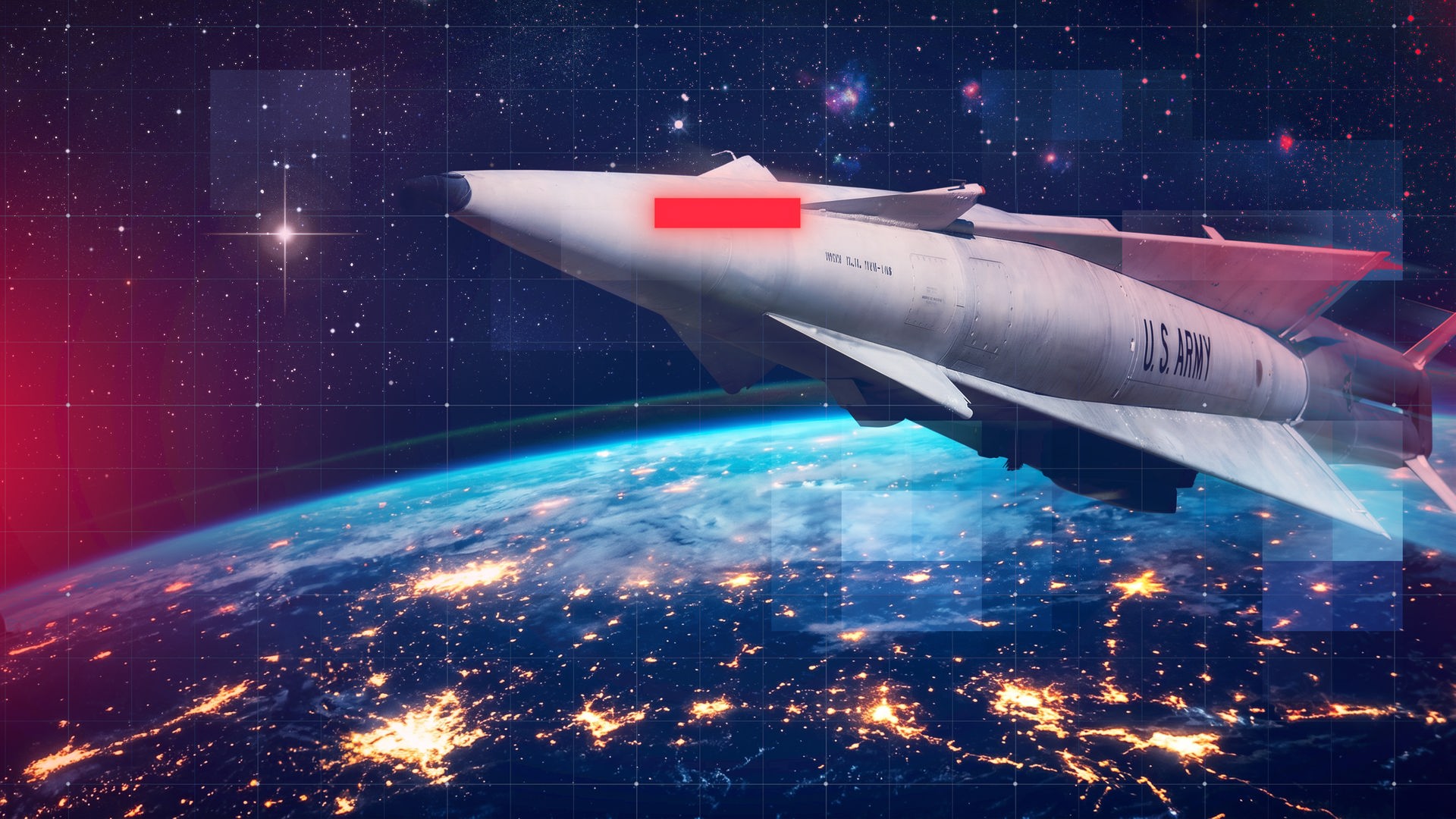 Digital bearbeitete Illustration eines raketenartigen Militärflugkörpers mit der Aufschrift ‚U.S. Army‘ über der nächtlichen Erde, mit leuchtenden Städten, Sternenhimmel und grafischem Raster-Overlay im Hintergrund
