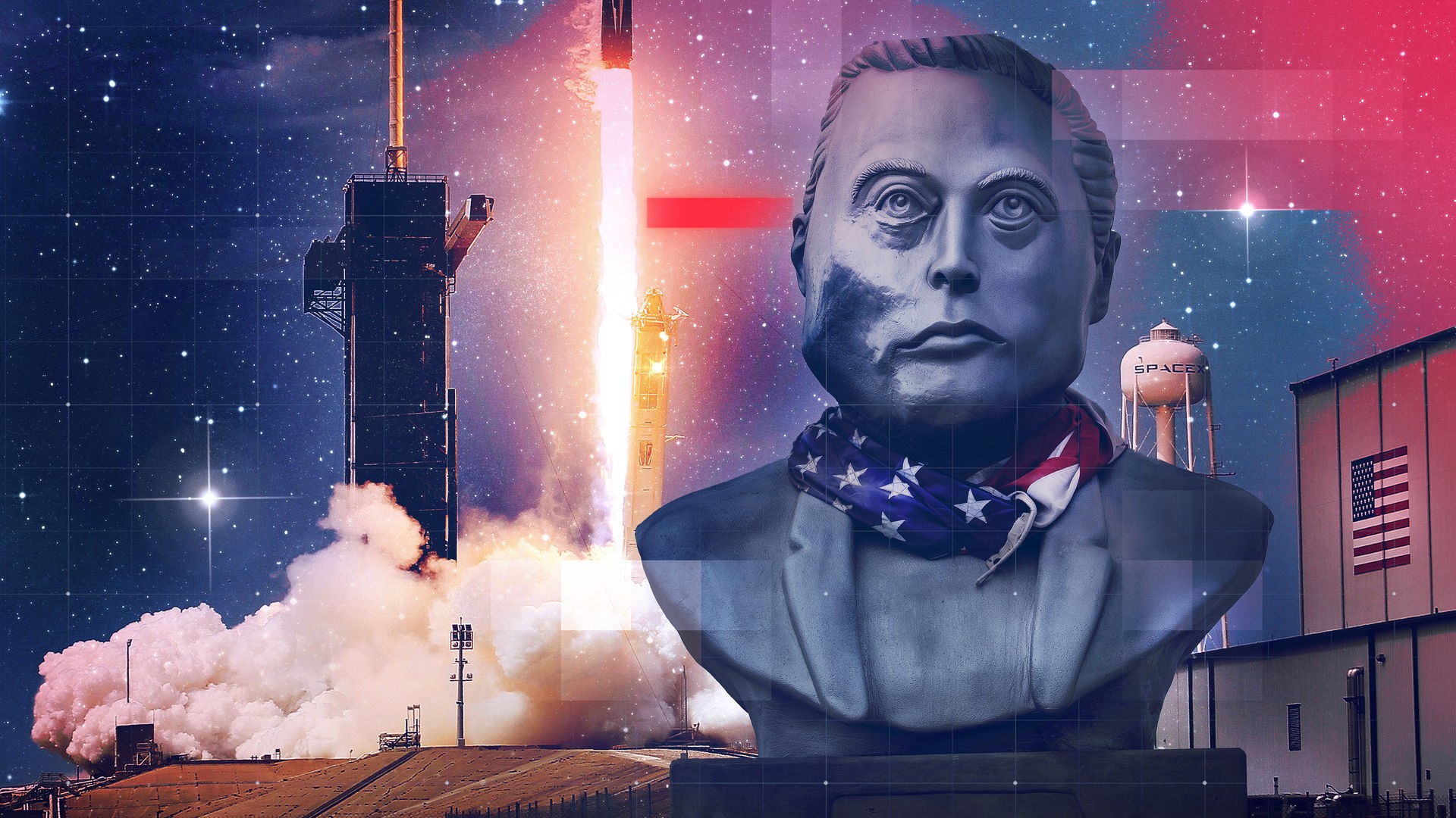 Digital bearbeitete Bildmontage der SpaceX Falcon-9-Rakete beim Start von Rampe 39A des Kennedy Space Centers in Cape Canaveral, Florida mit einer im Vordergrund montierten großen Steinbüste von Tech-Milliardär Elon Musk mit US-Flaggen-Schal sowie Sternenhimmel und grafisches Raster-Overlay im Hintergrund