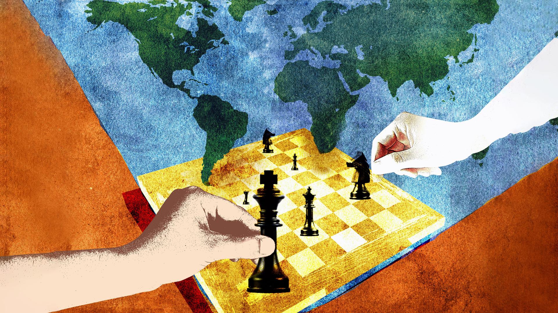 Das gemalte Bild zeigt zwei Hände beim Schachspiel vor einer Weltkarte.