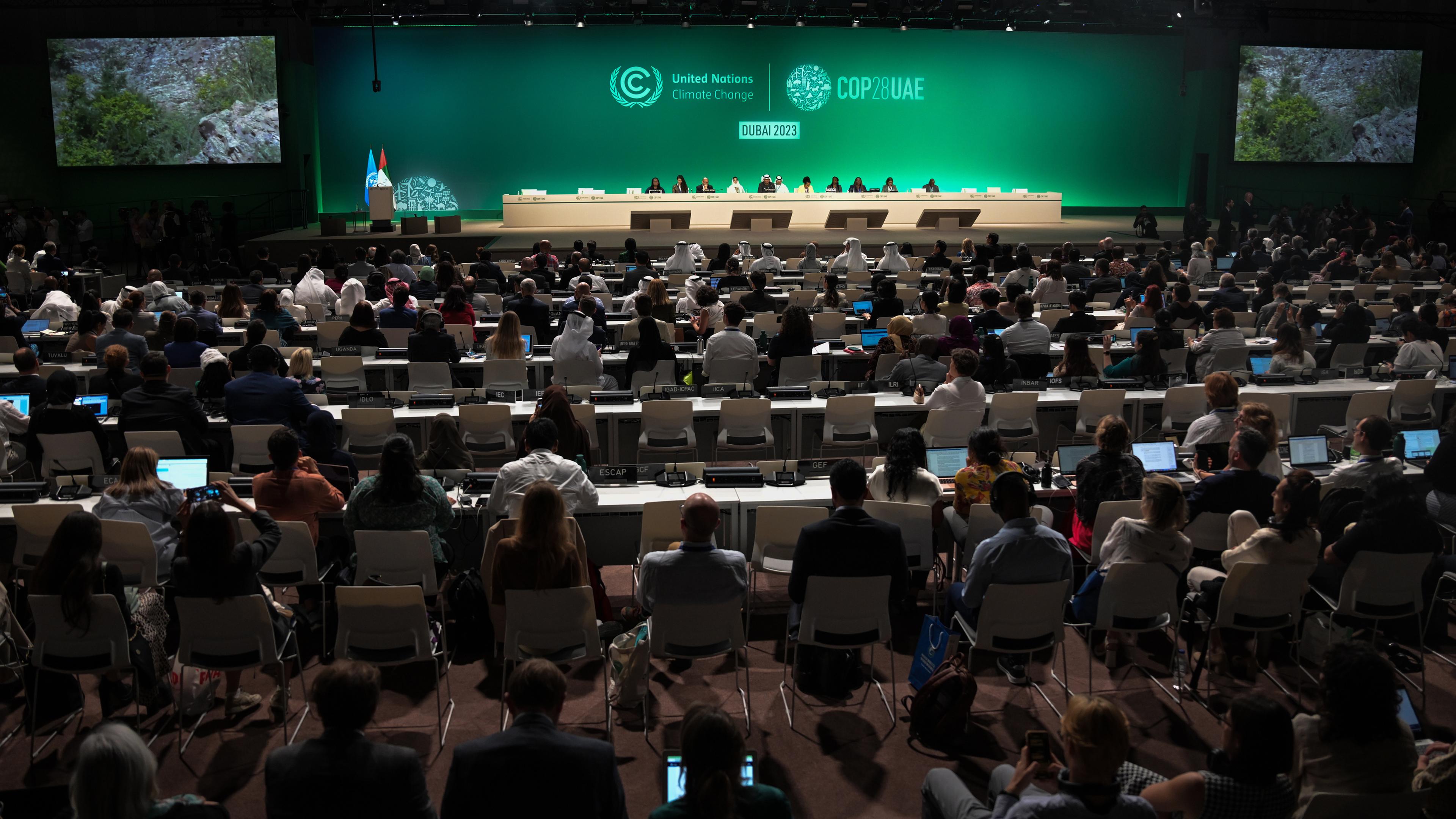 Vereinigte Arabische Emirate, Dubai: Blick auf die Bühne während Sultan al-Dschaber, Präsident der COP 28, eine Sitzung auf dem UN-Klimagipfel COP 28 leitet.