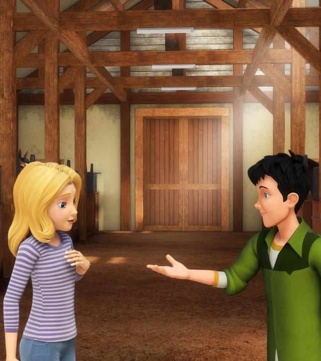 Wendy und Jerry im Stall. Jerry reicht Wendy die Hand.