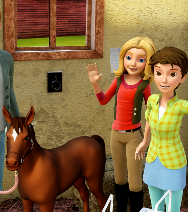 Jim, Wendy und Carrie winken. Das Fohlen steht in der Mitte.