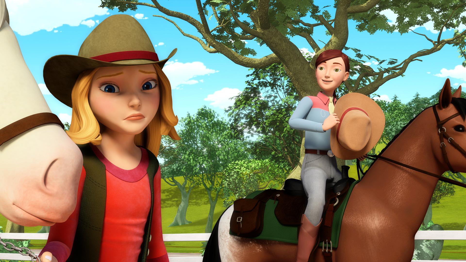 Wendy steht enttäuscht neben ihrem Vorbild Dakota Montana, die auf ihrem Pferd sitzt.