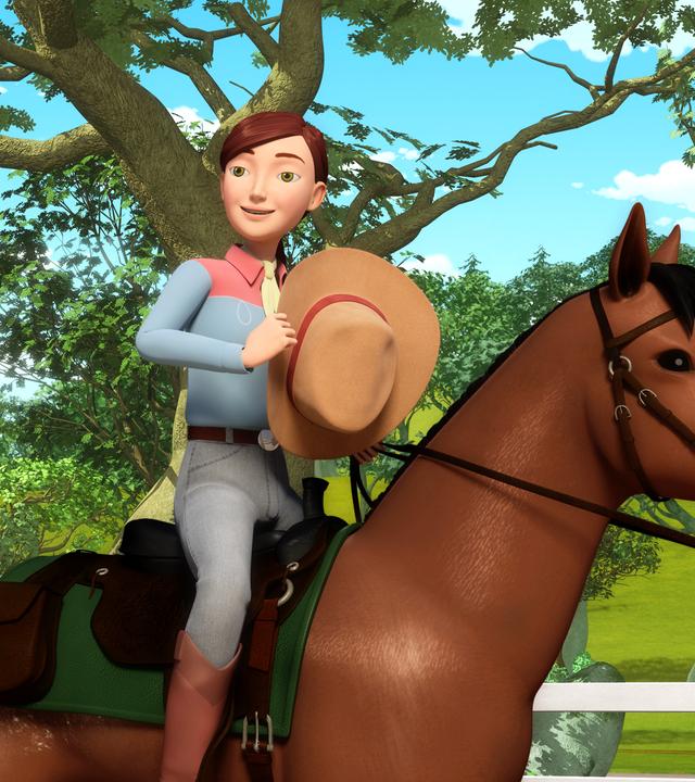 Wendy steht enttäuscht neben ihrem Vorbild Dakota Montana, die auf ihrem Pferd sitzt.