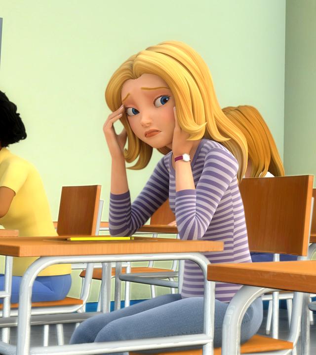 Wendy macht einen beschämten Gesichtsausdruck, während sie beim Test abschreibt.