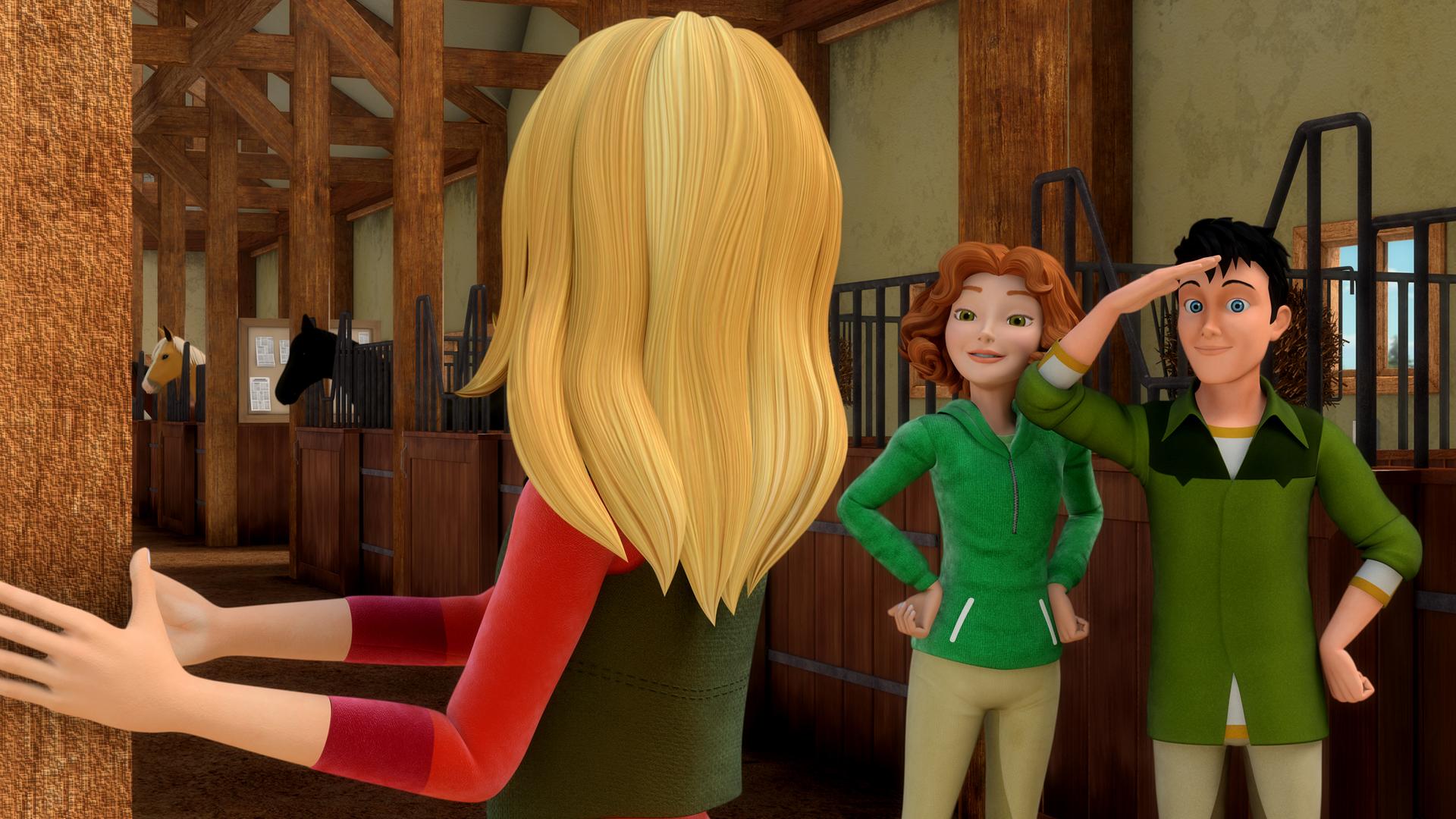 Wendy bekommt im Stall eifrige Hilfe von Bianca und Jerry. Jerry salutiert vor Wendy und hat die andere Hand in die Hüfte gestemmt. Auch Bianca hat voller Tatendrang ihre Hände in die Hüfte gestemmt.