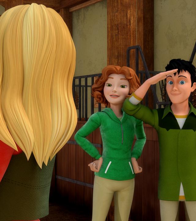 Wendy bekommt im Stall eifrige Hilfe von Bianca und Jerry. Jerry salutiert vor Wendy und hat die andere Hand in die Hüfte gestemmt. Auch Bianca hat voller Tatendrang ihre Hände in die Hüfte gestemmt.