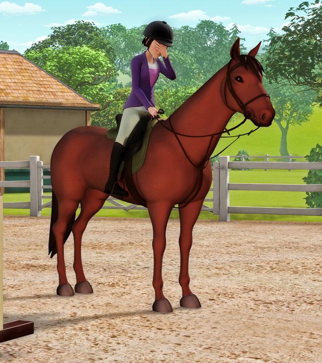 Tanya fasst sich frustriert an den Kopf, weil ihr Pferd Ruby die Sprünge verweigert. Sie stehen regungslos neben einem Hindernis. Wendy schaut zu.