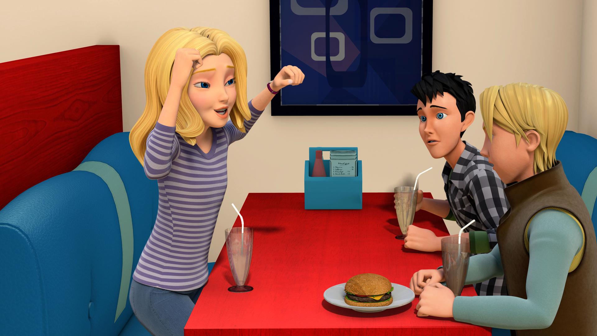 Wendy jubelt im Restaurant, weil sie Teamvorsitzerin geworden ist.