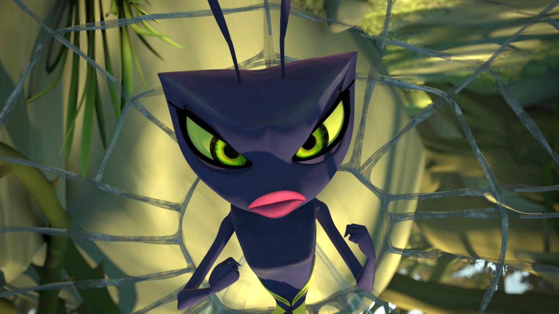 Wendy hängt in einem Spinnennetz fest. Sie sieht wütend aus und hat die Fäuste erhoben.