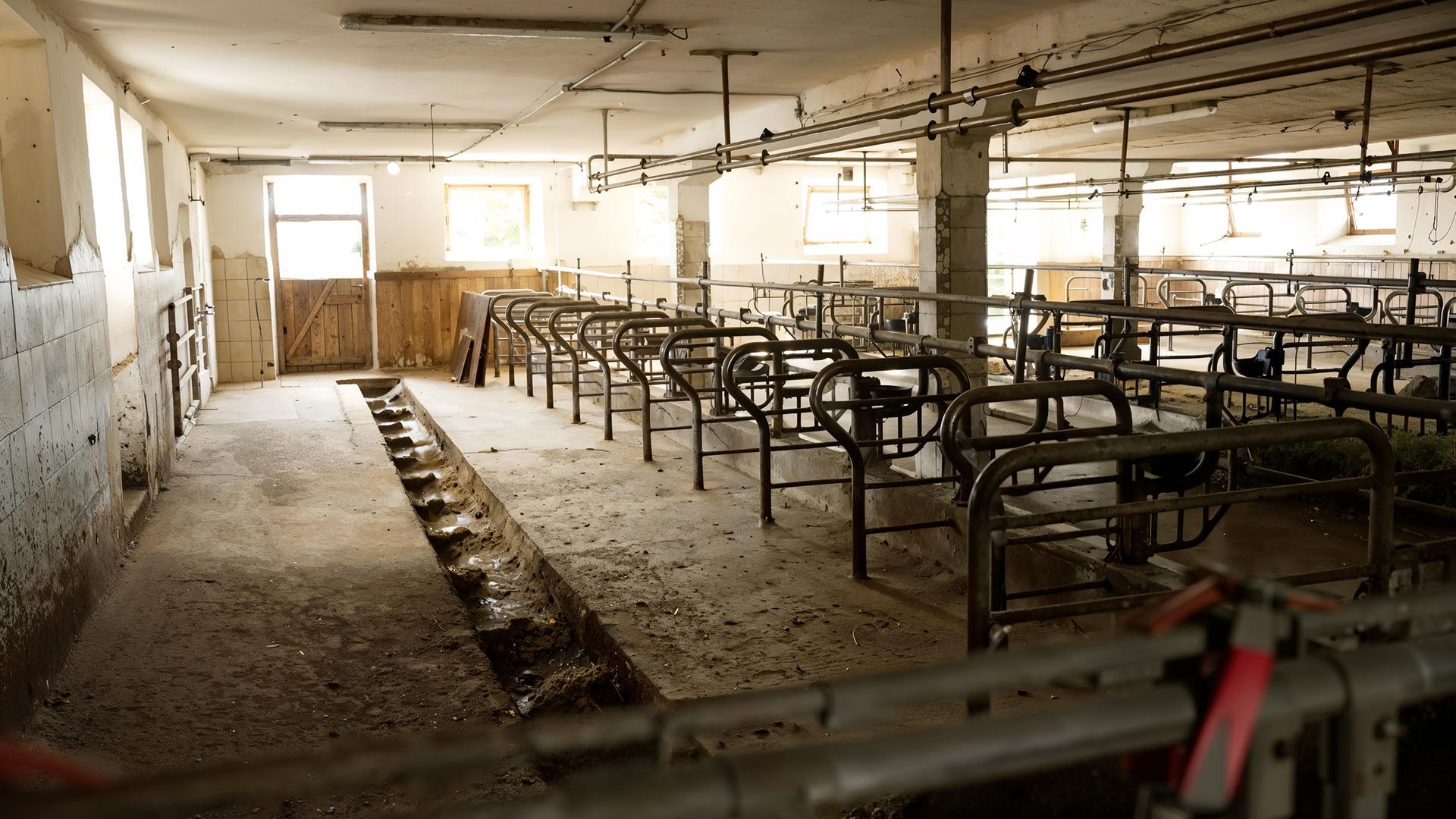Blick in einen leeren, heruntergekommenen Kuhstall mit leeren Futterständen und offenen Türen, durch die Tageslicht fällt.