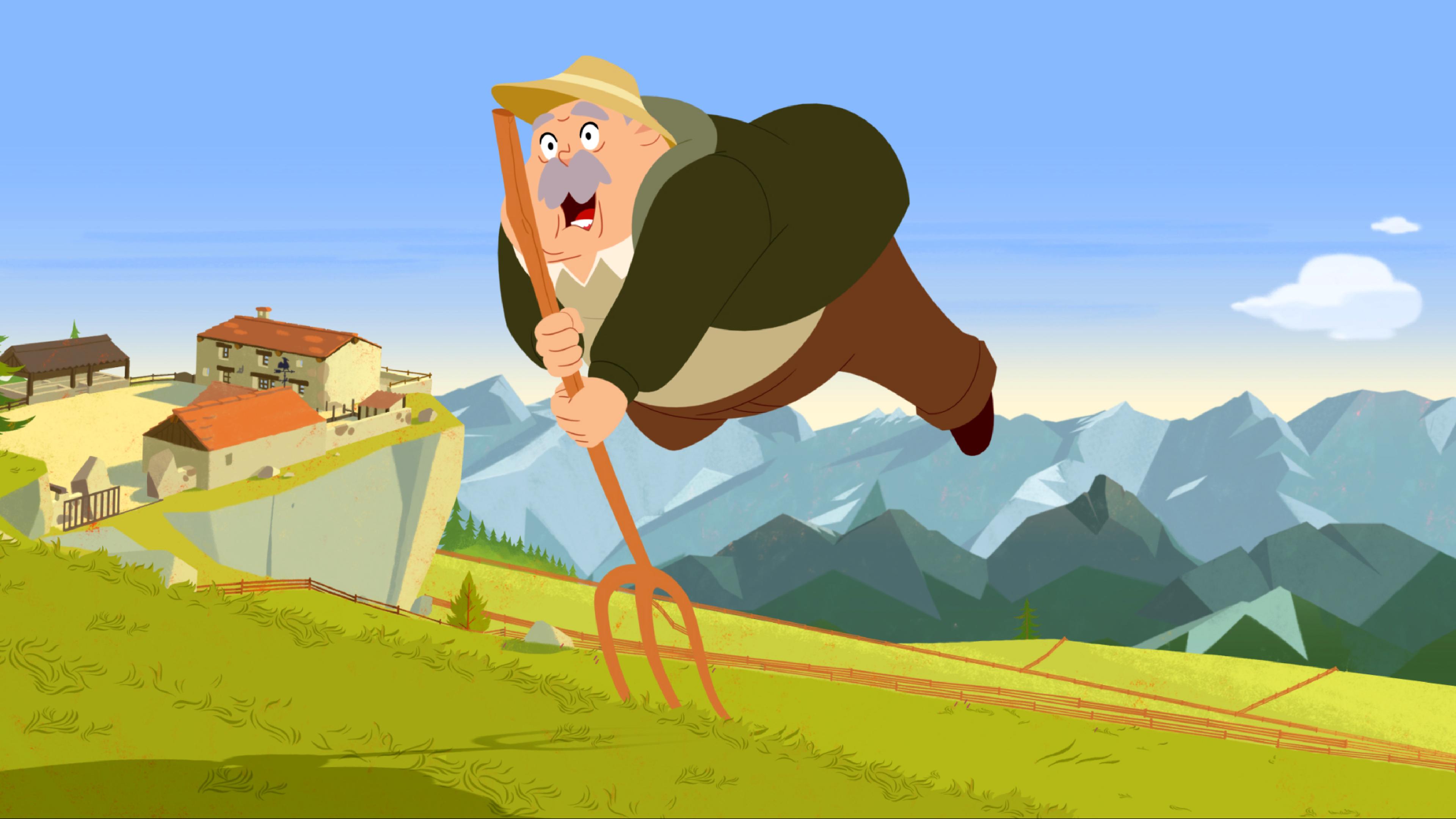 Ivan fliegt in hohem Bogen über seine Mistgabel.