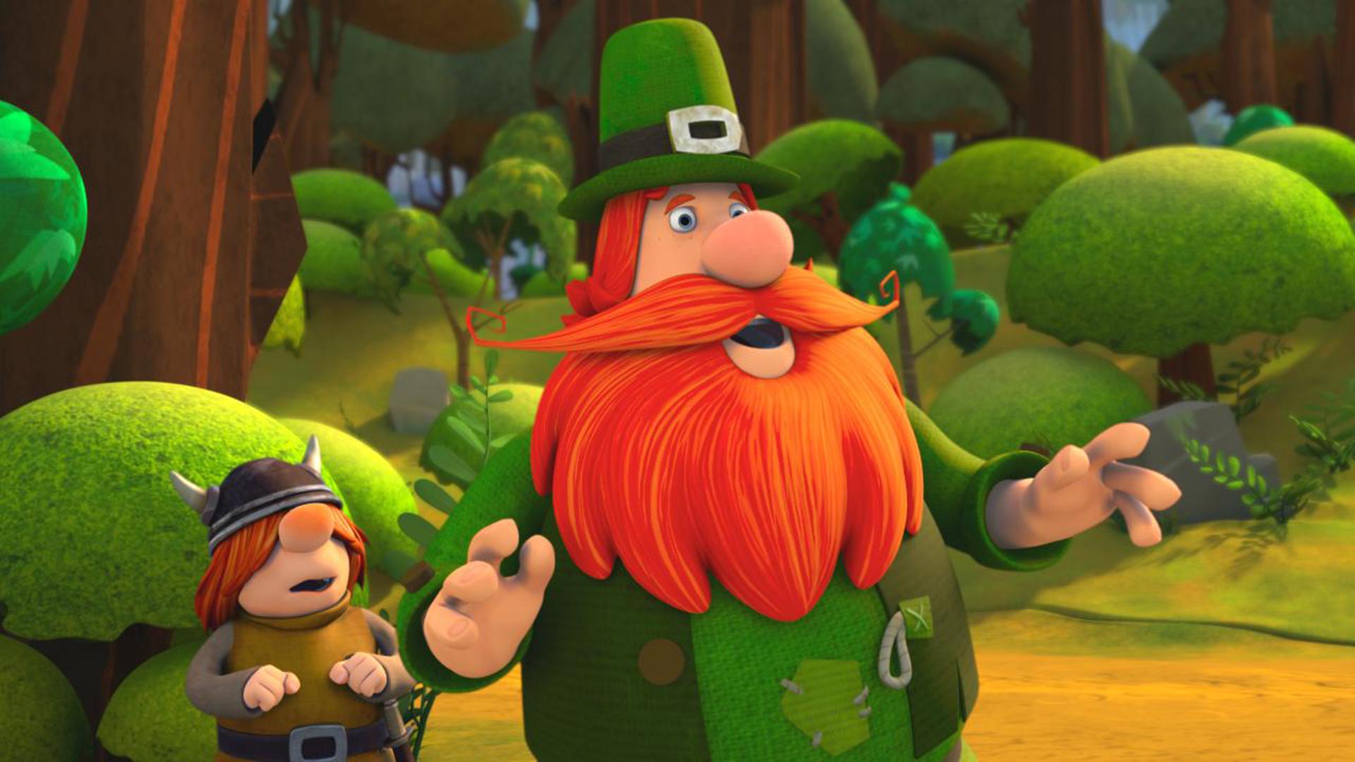 Puck der Gaukler steht aufgeregt im Wald und sucht seinen Freund Bernhard. Er hat einen kräftigen Bart und trägt einen hohen Flizhut.