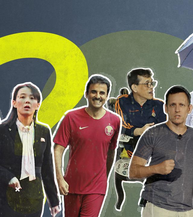 Collage mit Lukaschenko, Kim Jong Un, Tamim bin Hamad Al Thani, Peter Thiel und Xi Jinping.