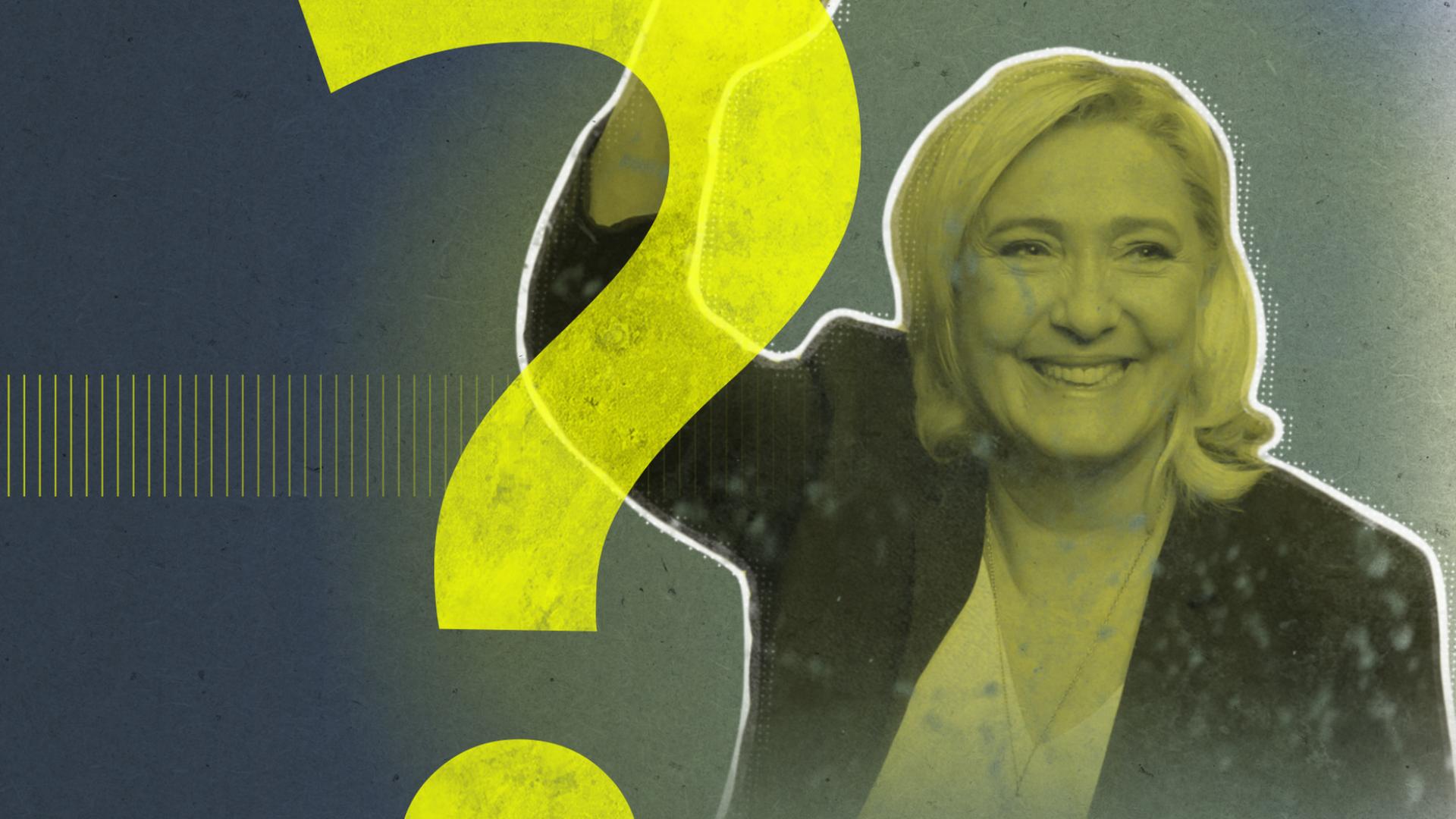 Marine le Pen hebt einen Arm und lächelt, im Vordergrund ein großes gelbes Fragezeichen.