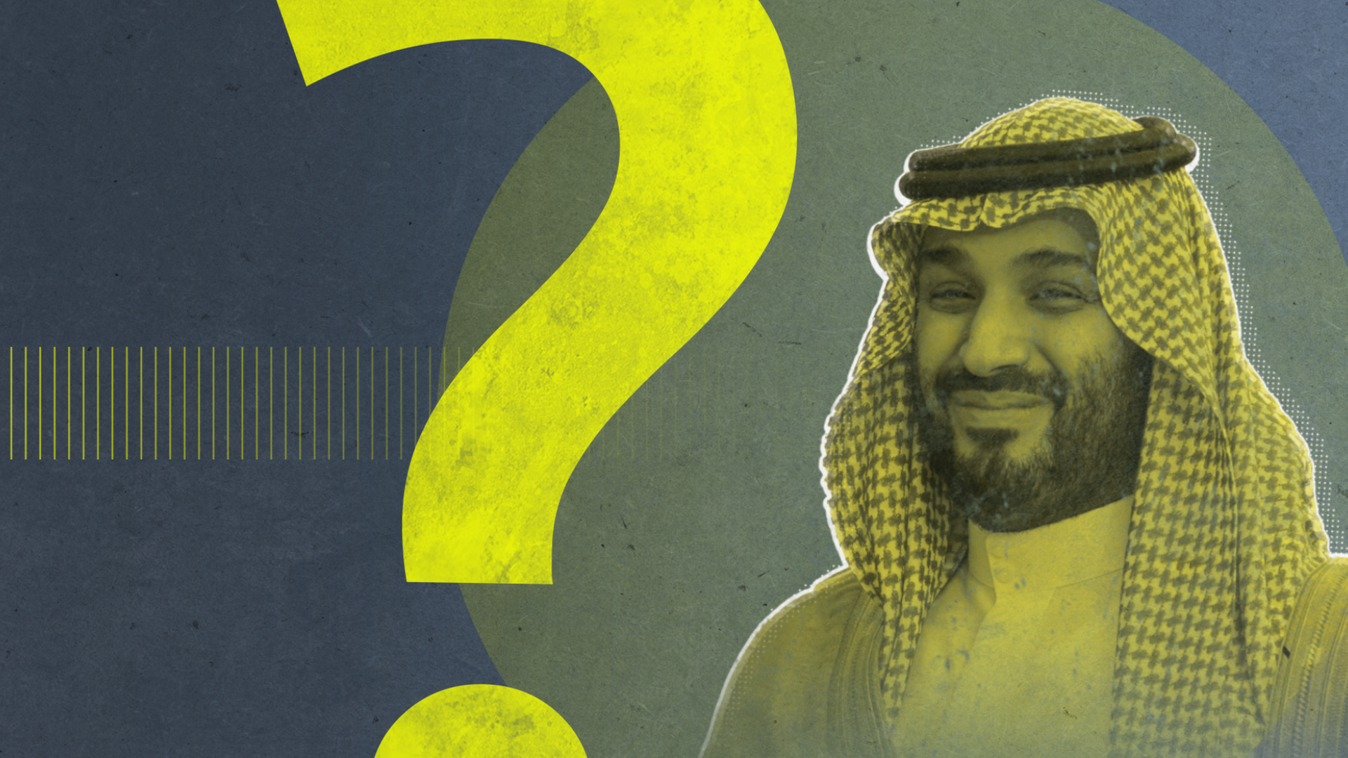 Mohammed bin Salman im Halbprofil, rechtsHalber ist neben einem großen Fragezeichen zu sehen. Das Foto ist gelb-grün eingefärbt.