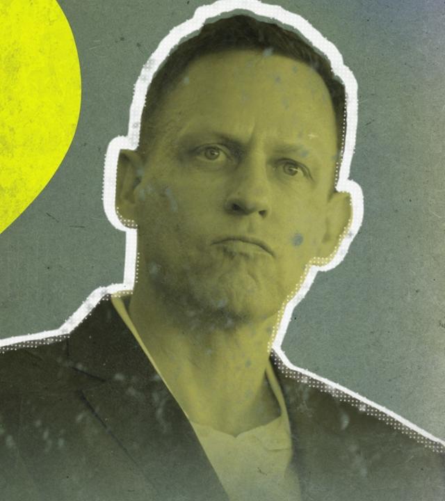 Grafik: Der Tech-Milliardär Peter Thiel ist neben einem großen Fragezeichen zu sehen. Das Foto ist schwarz gelb eingefärbt.