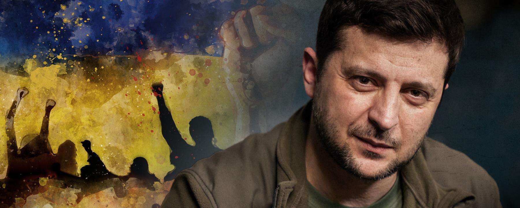 "Wer ist Wolodymyr Selenskyj? Umstrittener Politiker, gefeierter Kriegsheld": Wolodymyr Selenskyj vor ukrainischer Flagge mit Widerstandsfäusten im Graffiti-Stil