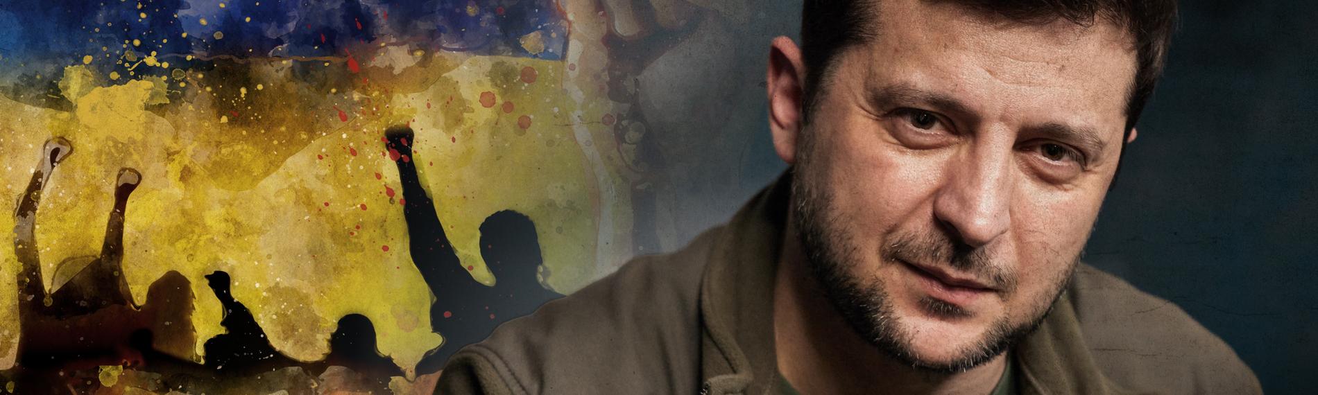 "Wer ist Wolodymyr Selenskyj? Umstrittener Politiker, gefeierter Kriegsheld": Wolodymyr Selenskyj vor ukrainischer Flagge mit Widerstandsfäusten im Graffiti-Stil