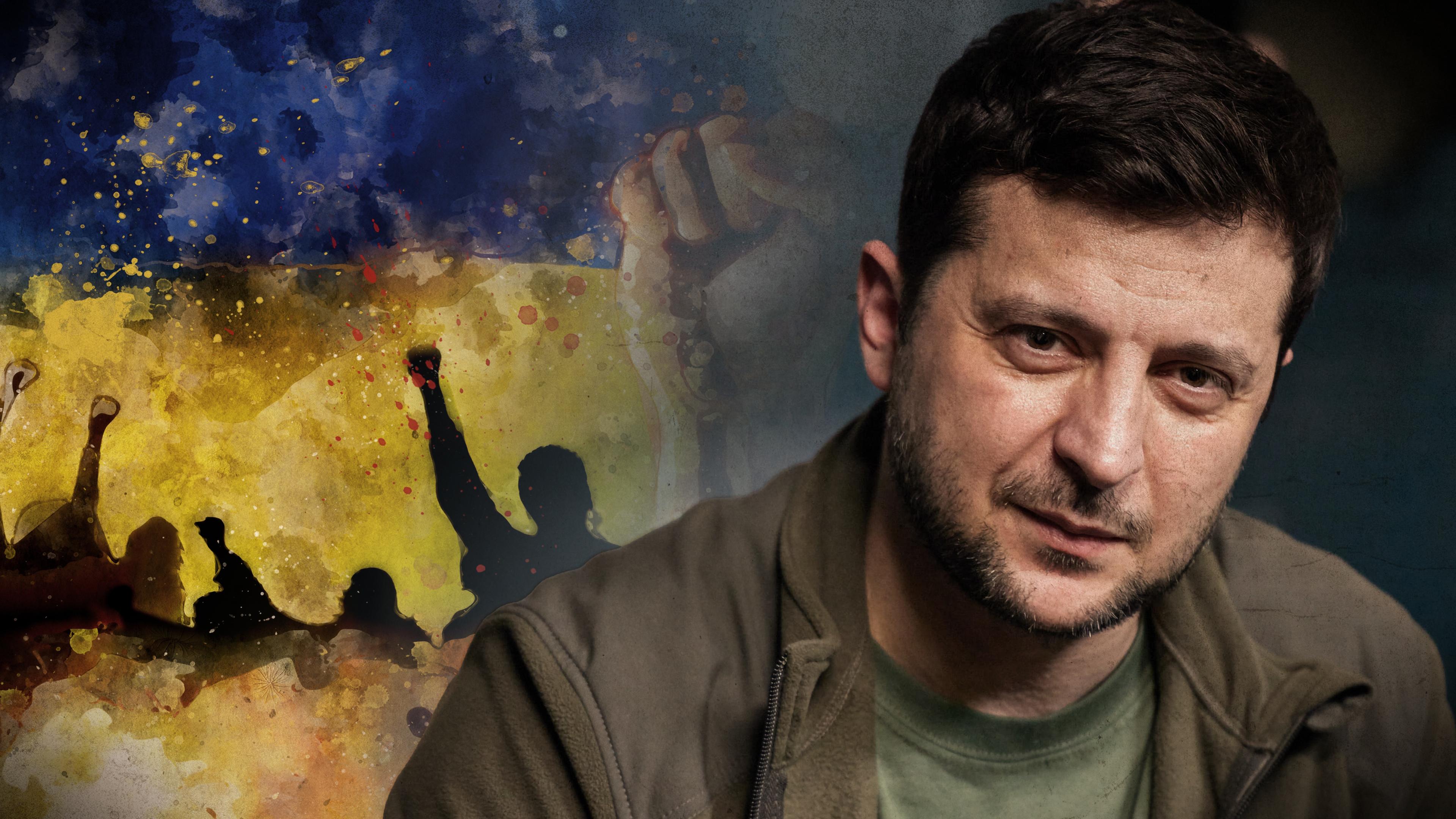 "Wer ist Wolodymyr Selenskyj? Umstrittener Politiker, gefeierter Kriegsheld": Wolodymyr Selenskyj vor ukrainischer Flagge mit Widerstandsfäusten im Graffiti-Stil