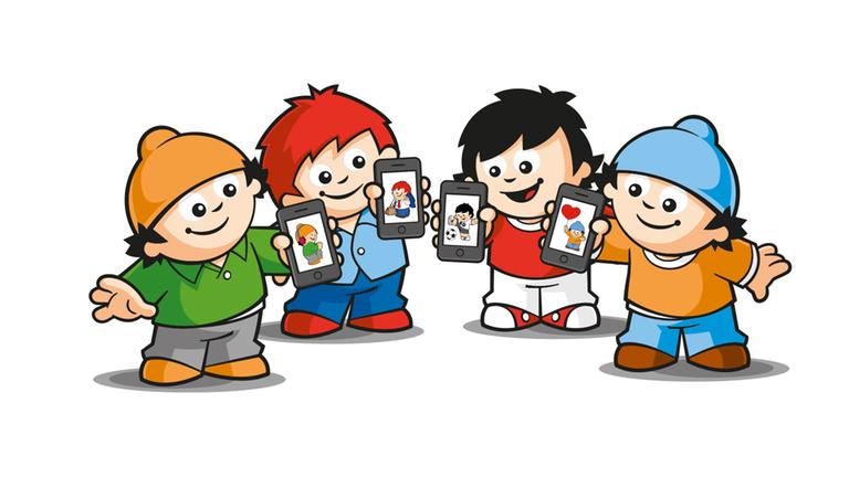 Vier Mainzelmännchen halten Handys nach vorne