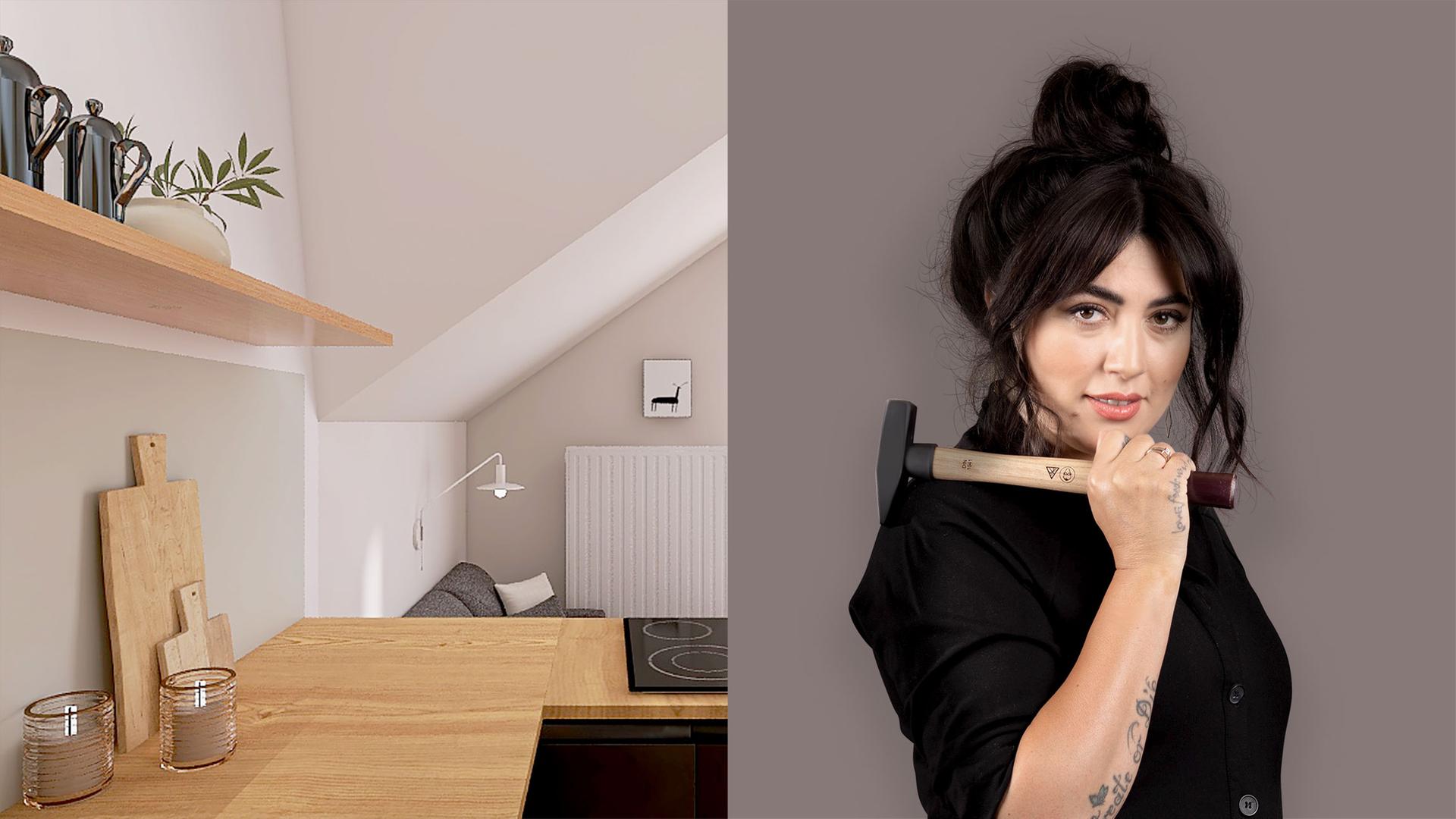 Holzfarbene Küchenecke und Moderation mit Hammer in der Hand