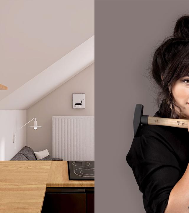 Holzfarbene Küchenecke und Moderation mit Hammer in der Hand