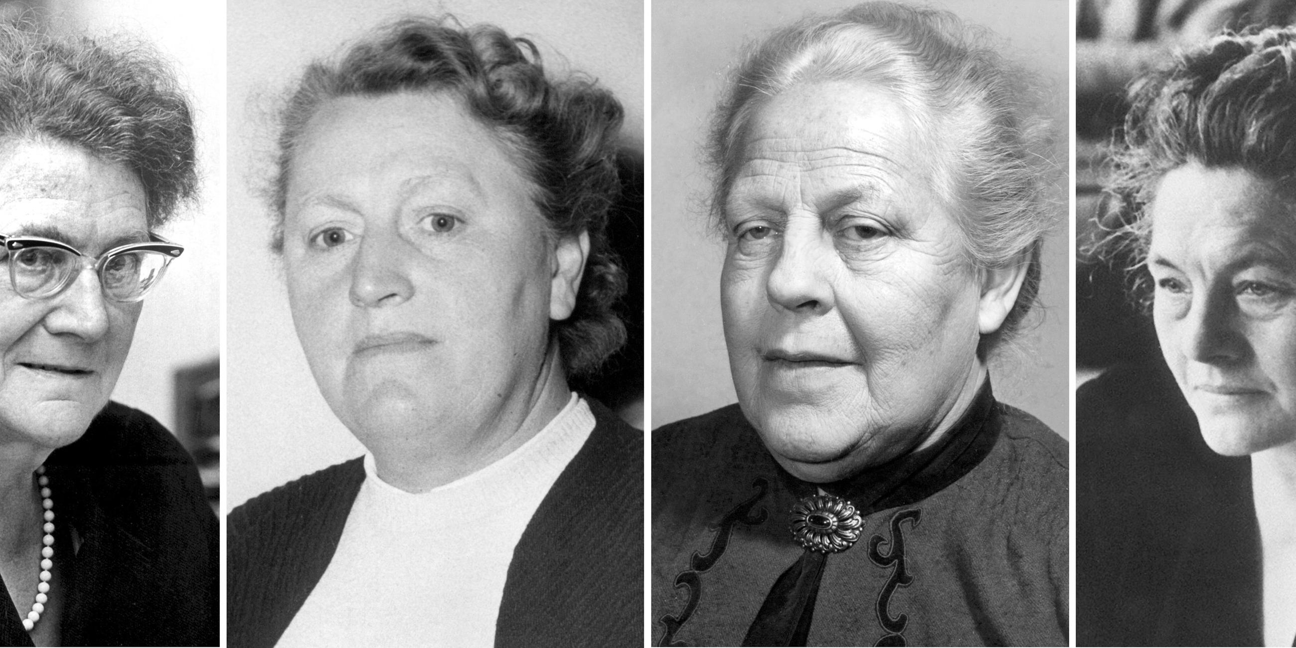 Berlin: Die "Mütter des Grundgesetzes". Helene Wessel (l-r, 04.07.1968), Elisabeth Selbert (1953), Helene Weber (08.03.1956), Frieda Nadig (undatiert).