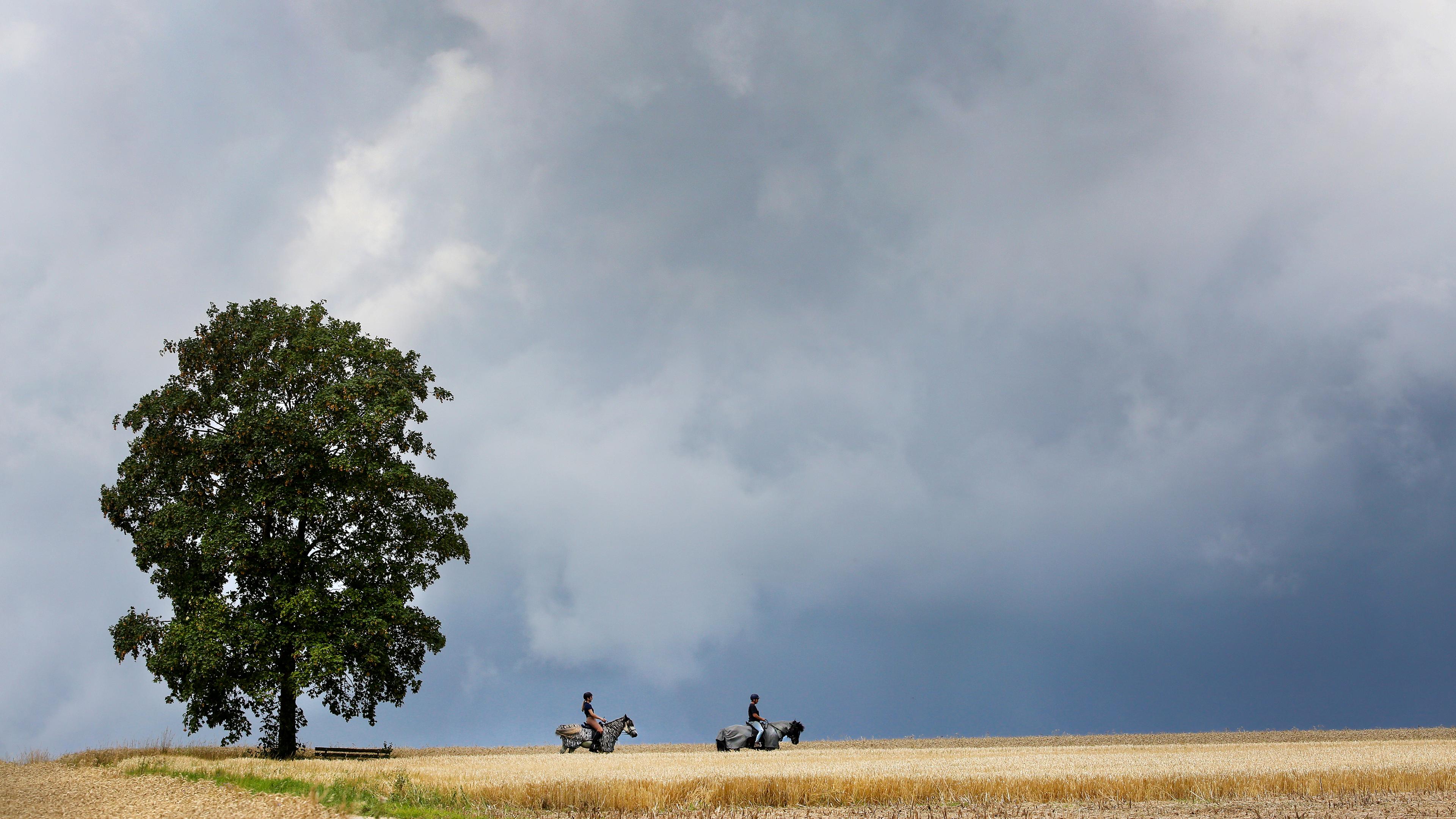 Baden-Württemberg, Riedlingen: Reiterinnen sind mit ihren Pferden zwischen Getreidefeldern unterwegs, während im Hintergrund ein Gewitter aufzieht.