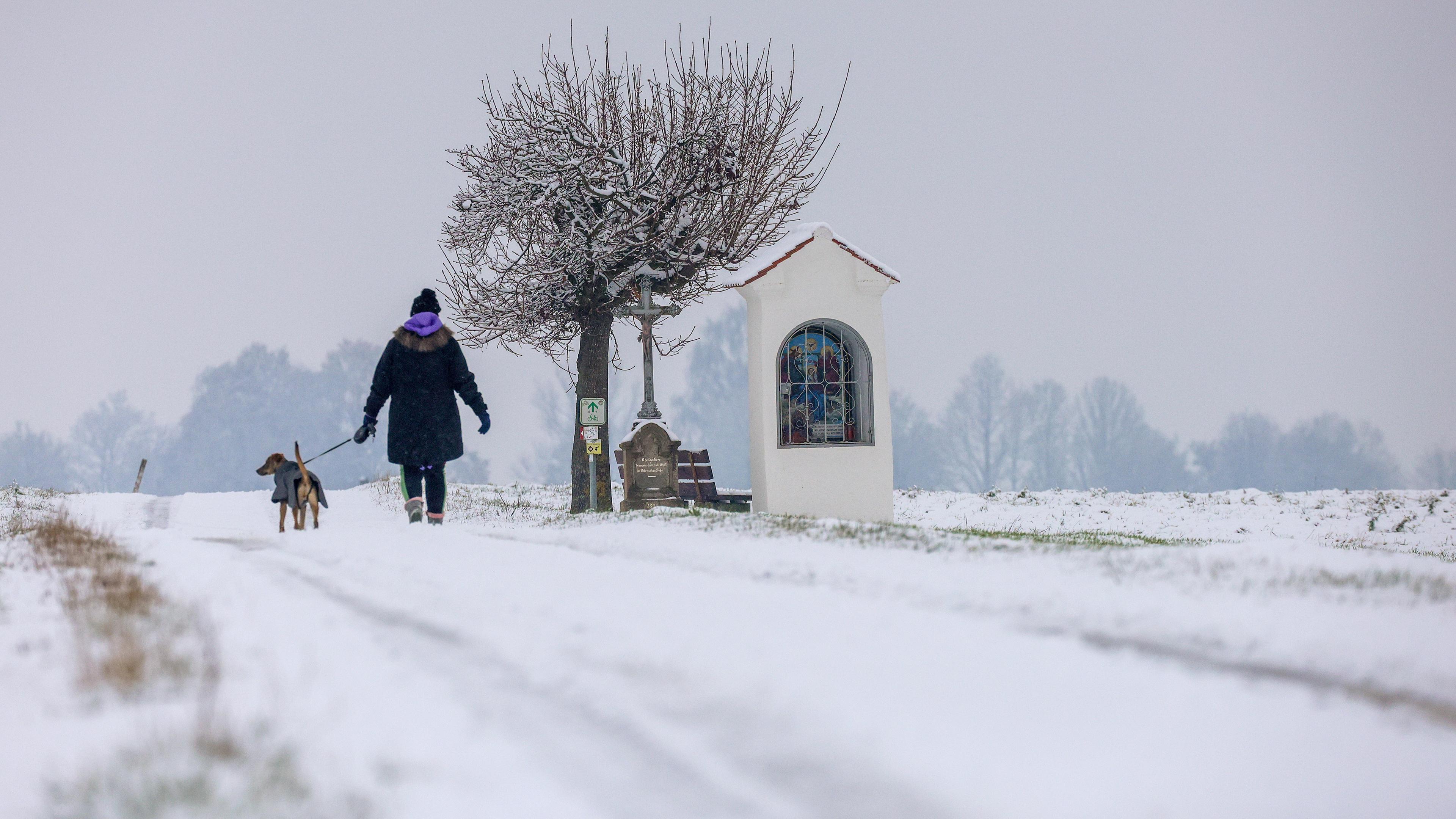 Eine Frau geht mit ihrem Hund im Schneetreiben spazieren 