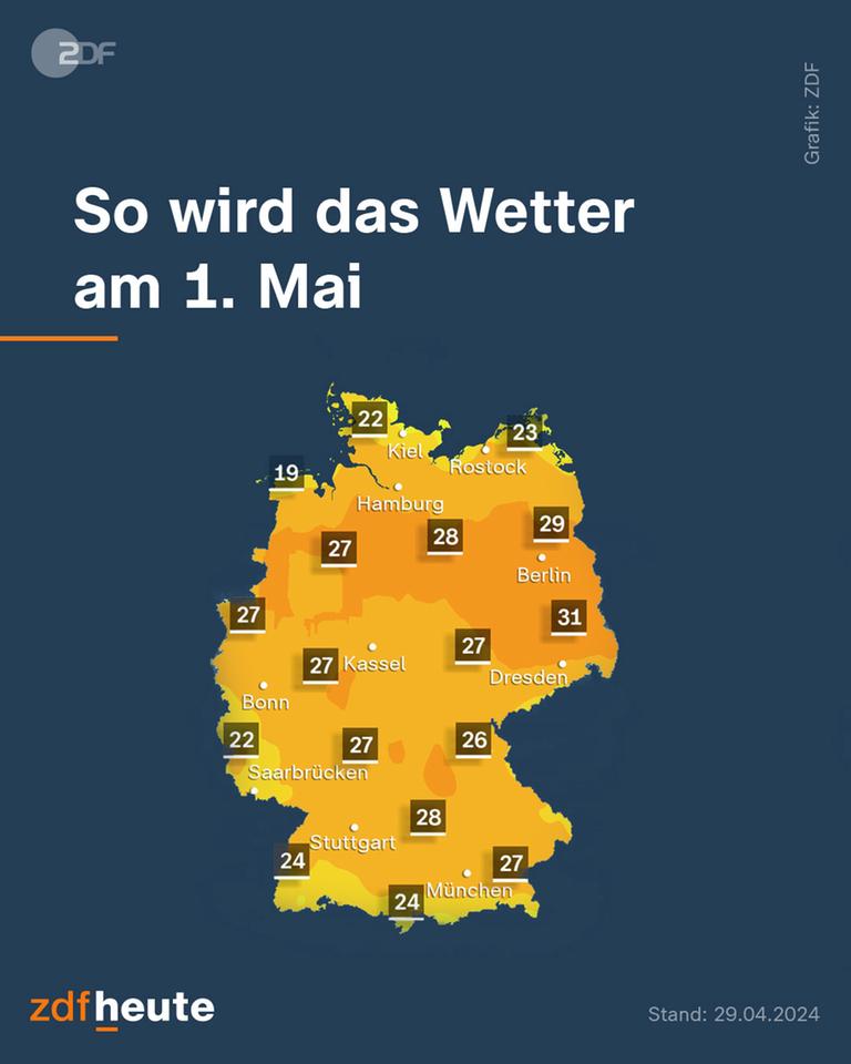 Deutschlandkarte, die das Wetter am 1. Mai zeigt