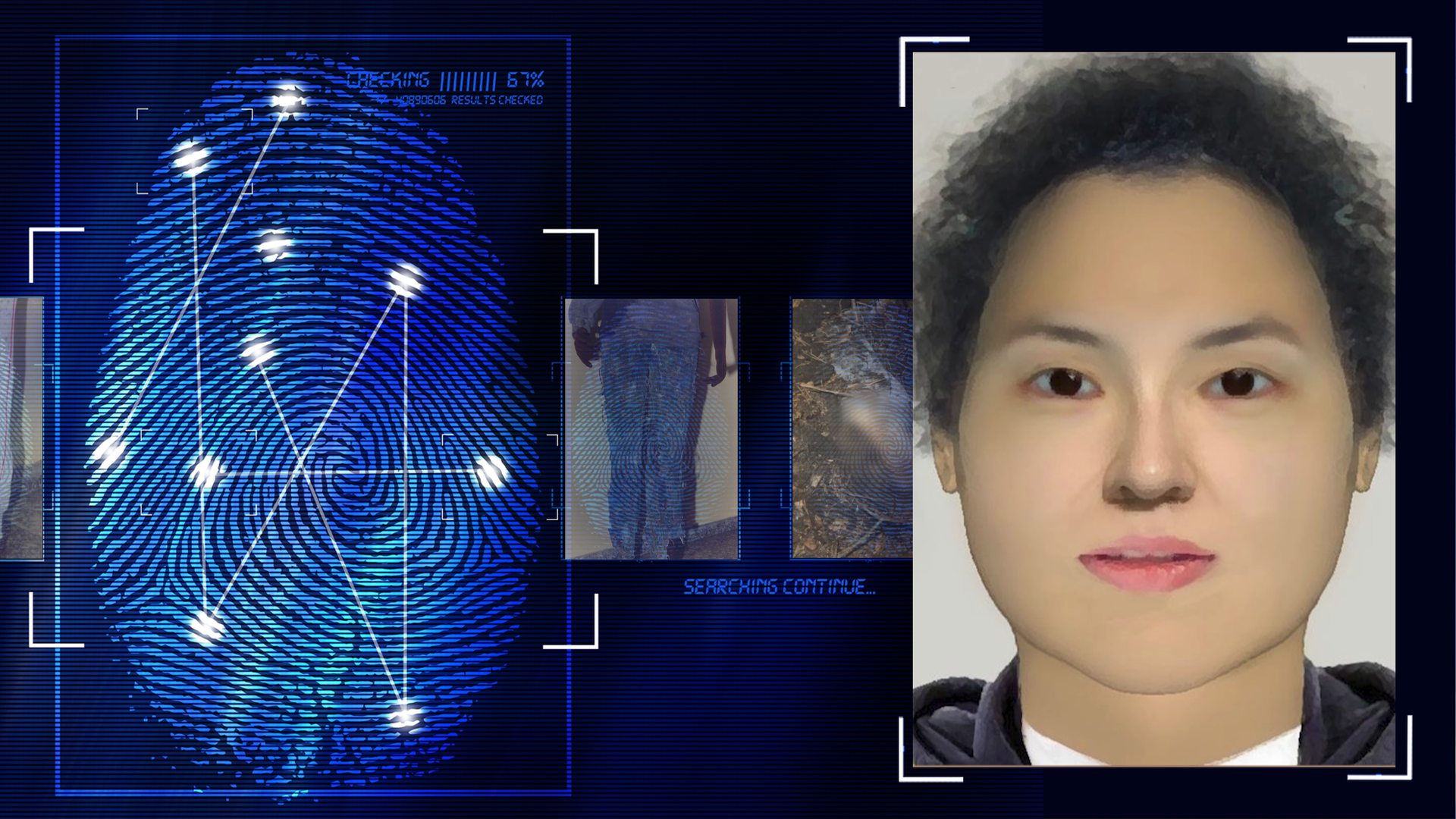 Bildliche Gesichtsrekonstruktion: Eine Frau mit schwarzen lockigen Haaren. Links daneben: Lichtschematische Darstellung eines Fingerabdrucks.