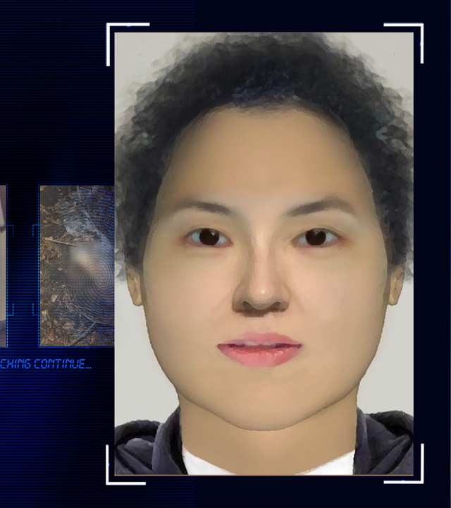 Bildliche Gesichtsrekonstruktion: Eine Frau mit schwarzen lockigen Haaren. Links daneben: Lichtschematische Darstellung eines Fingerabdrucks.