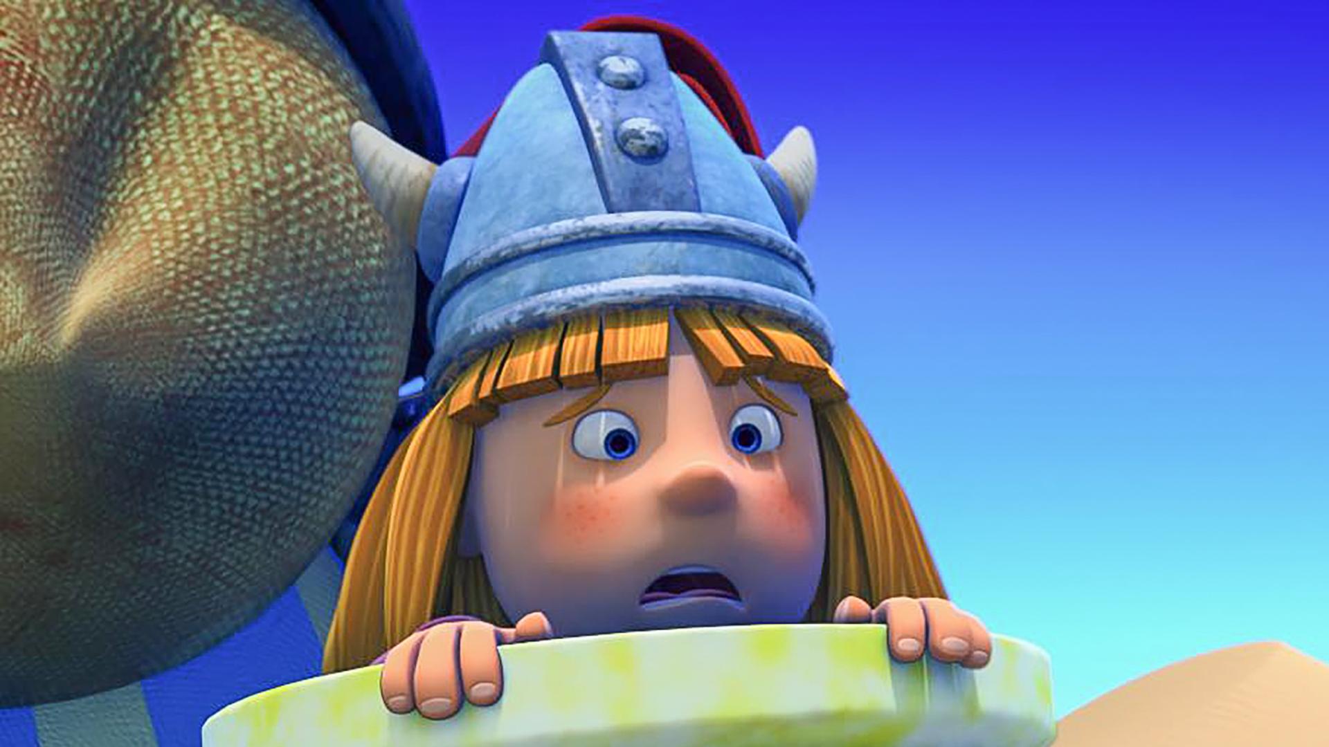 Wickie versteckt sich in einem großen Topf und schaut ängstlich heraus.