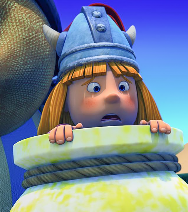 Wickie versteckt sich in einem großen Topf und schaut ängstlich heraus.