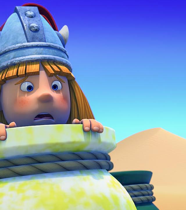 Wickie versteckt sich in einem großen Topf und schaut ängstlich heraus.