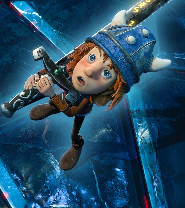 Wickie hält das magische Schwert über seine Schulter und schaut erstaunt nach oben.