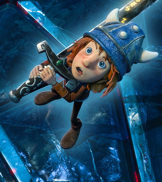 Wickie hält das magische Schwert über seine Schulter und schaut erstaunt nach oben.