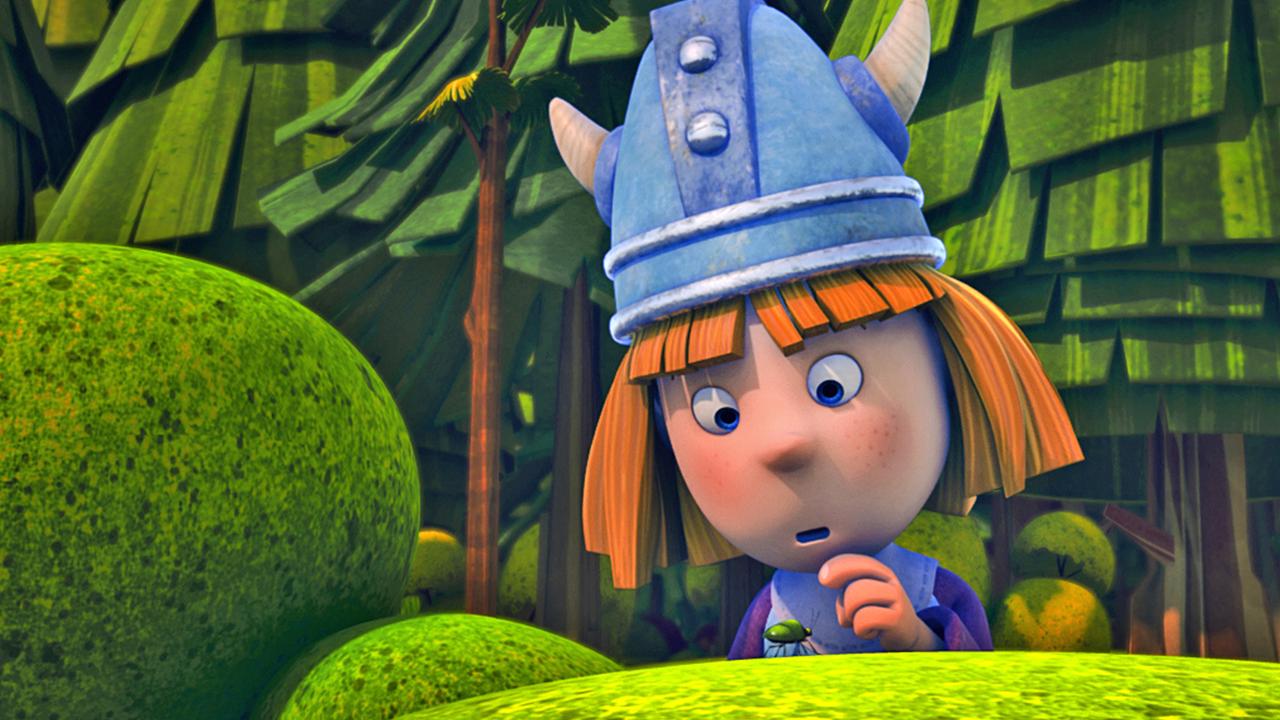 Wickie schaut sich verwundert eine Stinkwanze an, die vor ihm über einen kleinen Busch läuft.