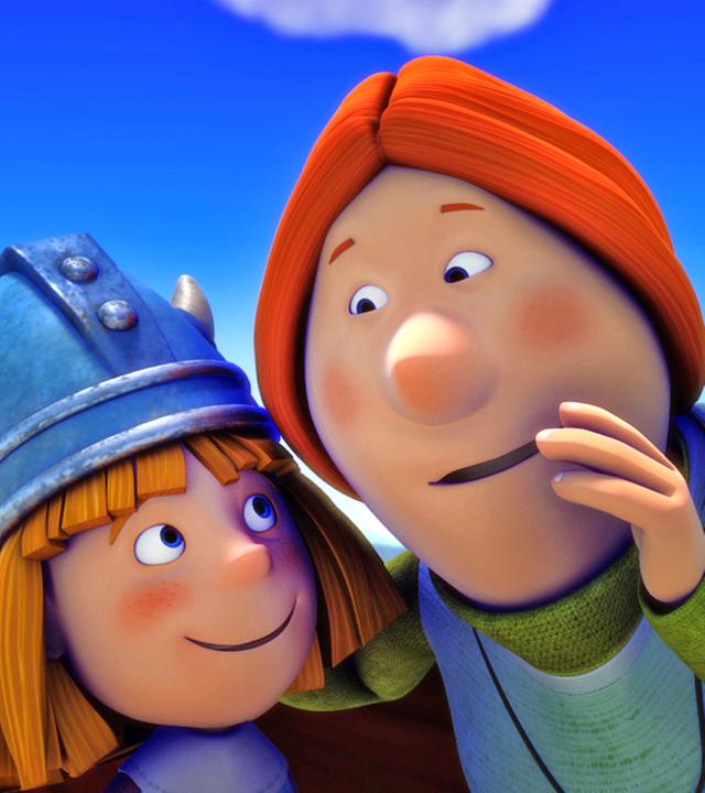 Ylva (rechts) flüstert Wickie (links) etwas zu.